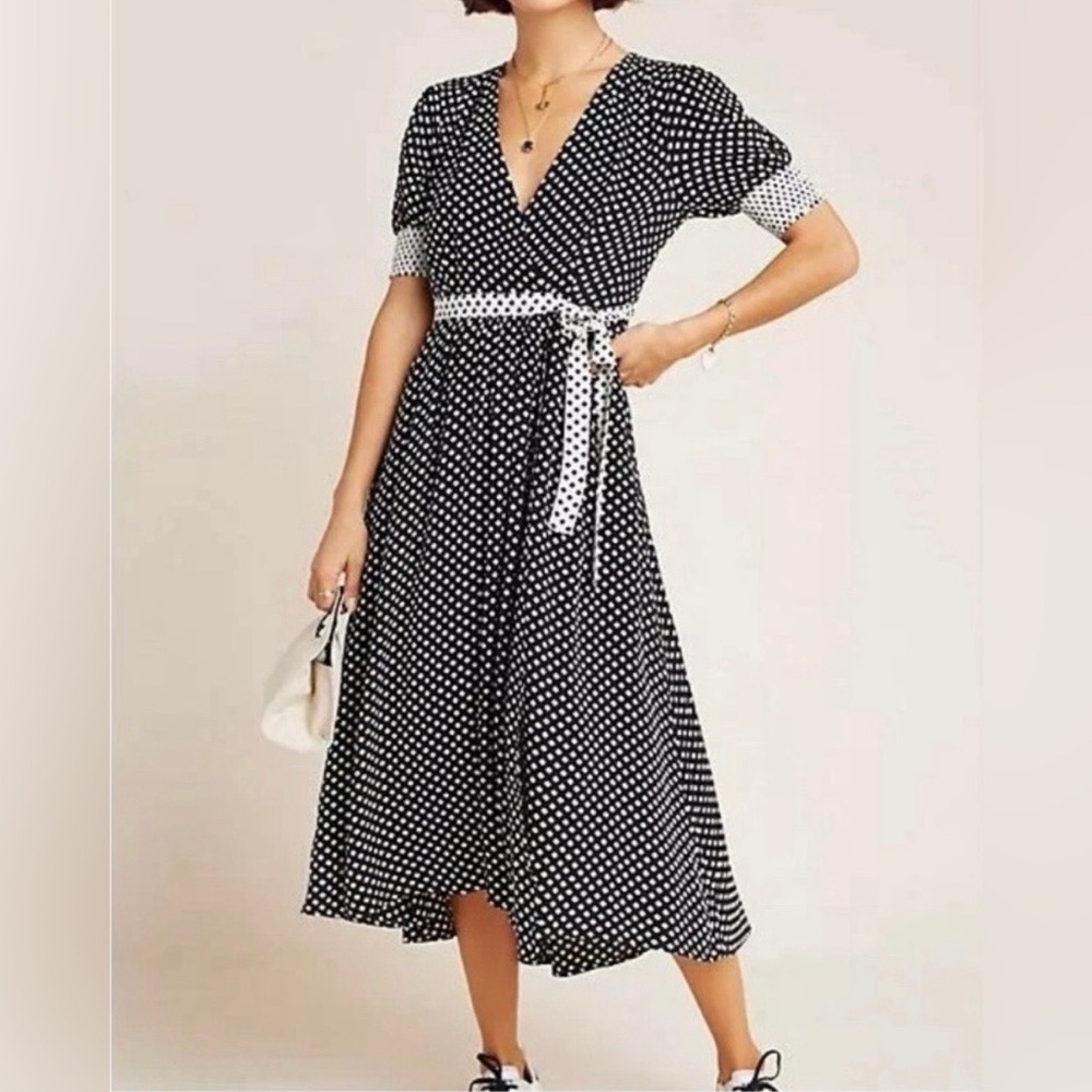 Anthropologie Maeve Breanna Midi Dress Size US 12 Black and White Polka Dot